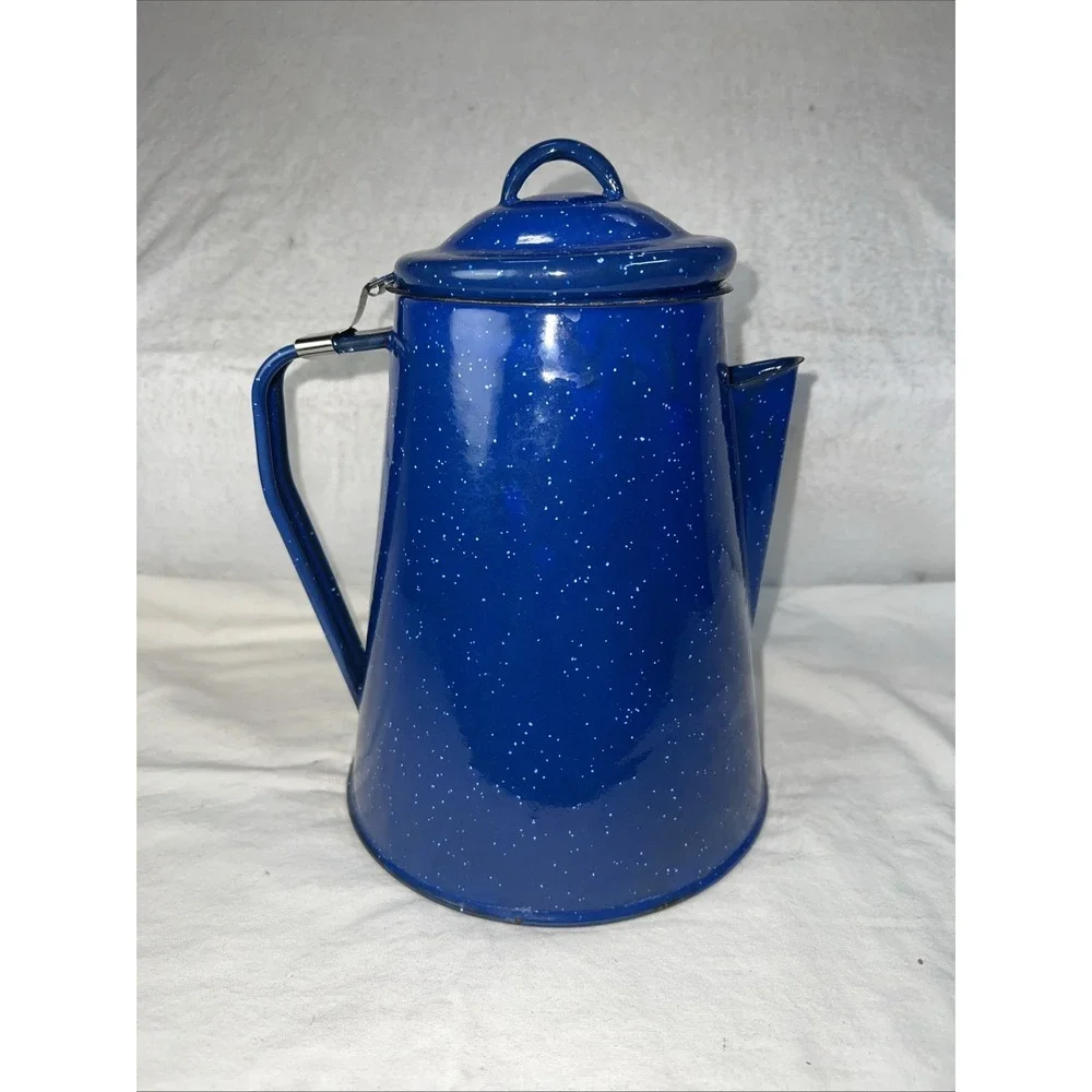 Vintage Blue Speckled Enamel Coffee Pot Camping Cowboy Kettle Prepper